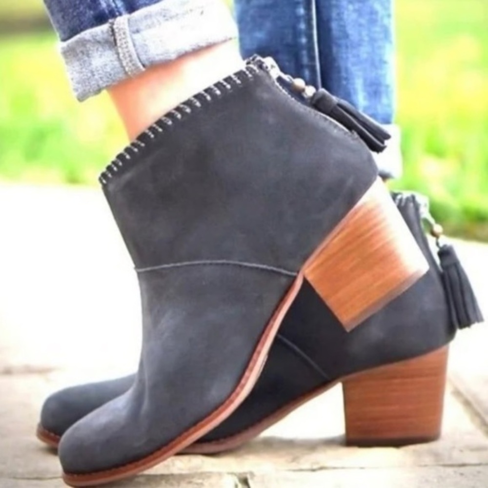Toms Womens Dark Grey Suede Ankle Boots Tassel Zip Up Block Heel Casual 9W